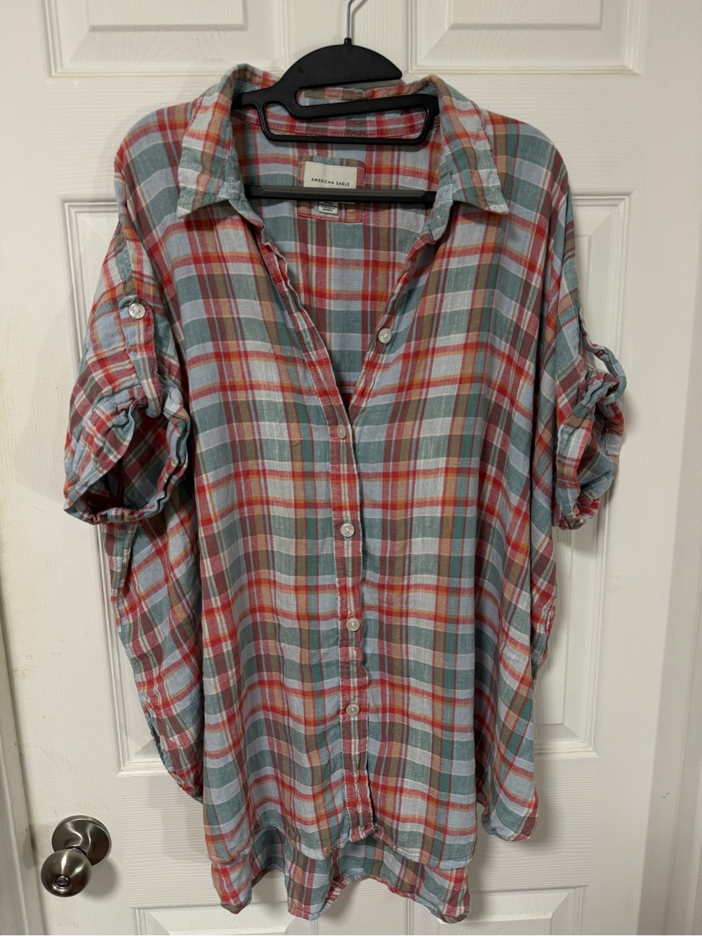 American Eagle Outfitters Plaid Button-Down Shirt in Blue, Red, Green